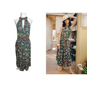 Anthropologie Geneva Floral Green Halter Wide Leg Jumpsuit Size XS Women's‎